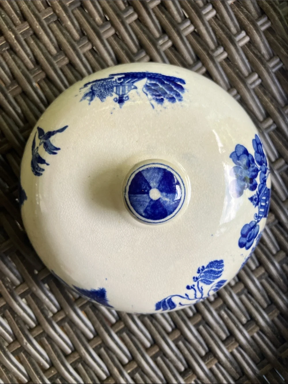 Antique Blue Willow Pagoda Butter Dish cover only stained no chips